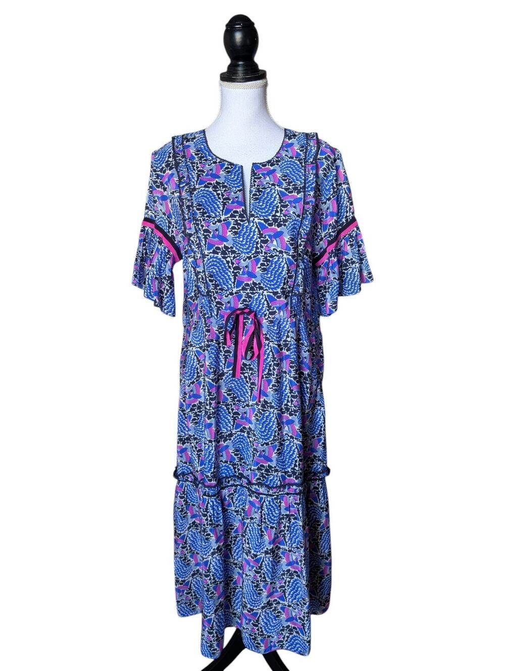 Rungolee 100% Silk Mallorca Tiered Midi Dress in Sapphire Phoenix Floral Large